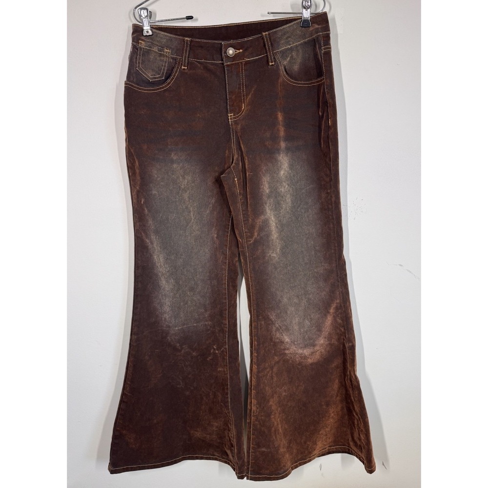 ROMWE Brown Distressed Mid Rise Flare Jeans Women's L Boho Streetwear Grunge